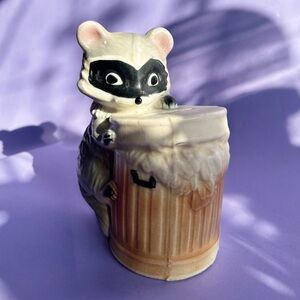 Vintage Ceramic Raccoon on Brown Trash Can Piggy Bank W/ Plug